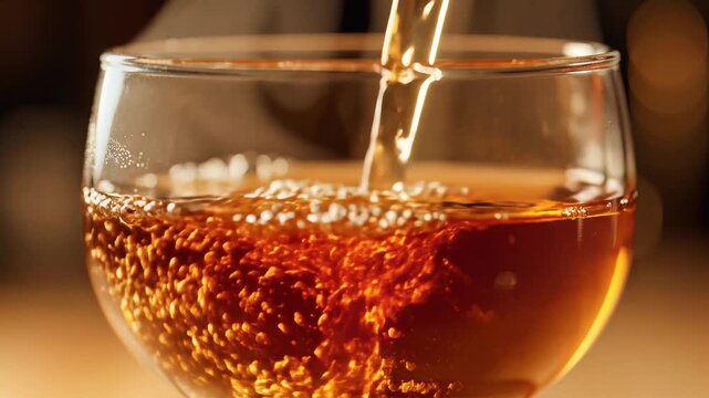 Amber liquid pouring into a clear glass creating rich bubbles and foam slow motion close up of beverage preparation