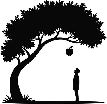Silhouette of Newton-style apple tree with single apple falling toward ground and small human figure
