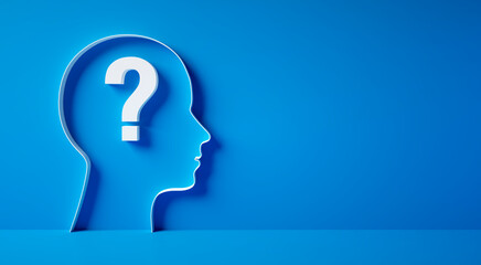 Conceptual artwork showing a 3D silhouette of a head with question marks against blue wall 