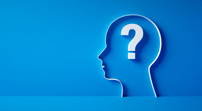 Conceptual artwork showing a 3D silhouette of a head with question marks against blue wall	