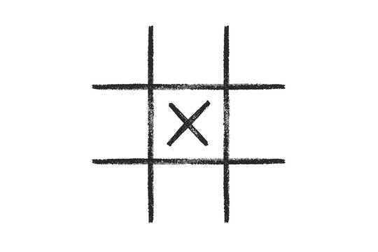Hand drawing tic tac toe game grid with an x mark on central square, strategic thinking challenge concept