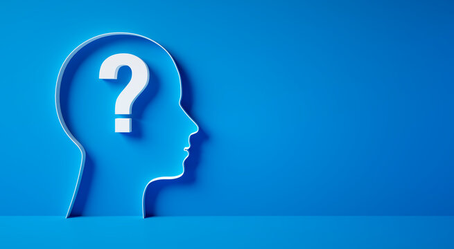 Conceptual artwork showing a 3D silhouette of a head with question marks against blue wall	