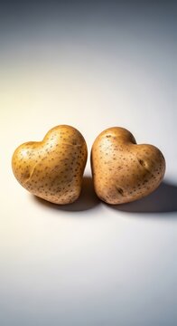 Deux pommes de terre crues en forme de c&oelig;ur sur une surface simple, symbolisant l'amour et l'agriculture biologique, gros plan, v&eacute;g&eacute;tal, frites