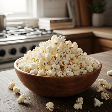 A wooden bowl filled with freshly popped popcorn on a kitchen countertop near a gas stove.