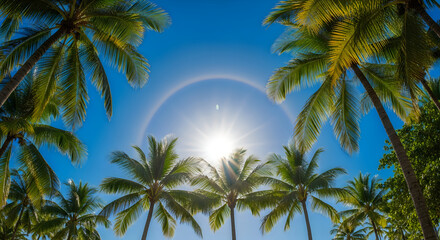 Obraz premium Tropical Palm Trees under Bright Sun and Blue Sky