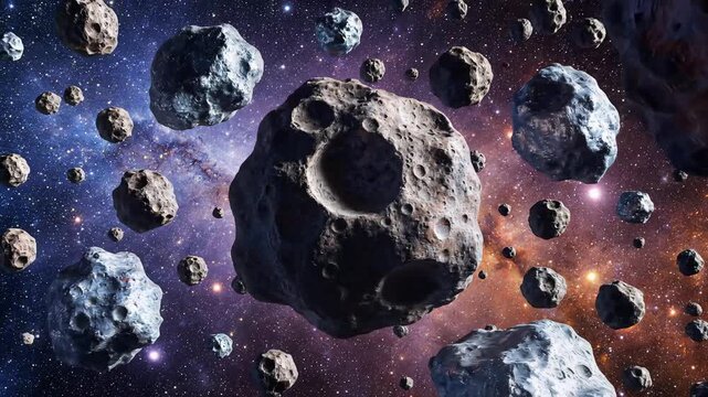 Asteroid field deep space cosmic nebula background with rocky celestial bodies floating through stars and galaxies