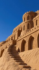 Naklejka premium A detailed sandcastle with multiple towers and staircases set against a clear blue sky