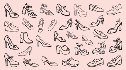 Obraz premium Collection of diverse footwear styles for women including heels boots sandals and flats hand drawn sketch on pink background