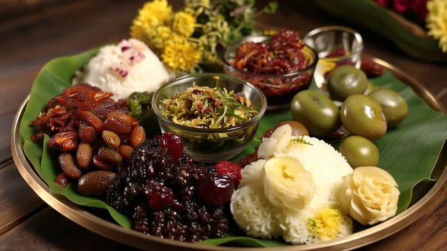 Variety of Traditional Ingredients on a Banana Leaf