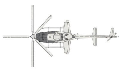 Vector CAD design of helicopter from top view with rotor blades © Stock Image Paradise
