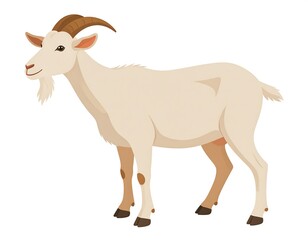 Fototapeta premium A side-view, cartoon-style depiction of a goat with a cream-colored body, brown horns and legs, and a small beard