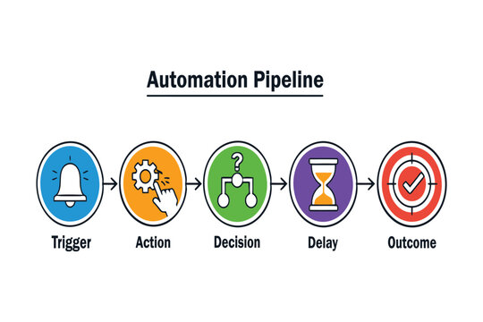 A visual representation of an automation pipeline showing five sequential process step stages