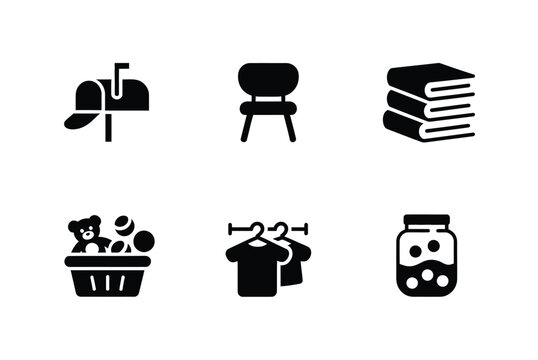 Vector icons depicting garage sale and flea market items, including household goods, furniture, and toys, minimal flat design