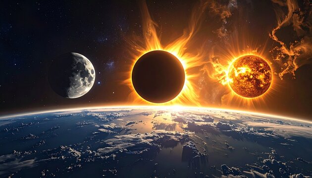 Cosmic Alignment - A Celestial Dance of Moon, Earth, and Sun.