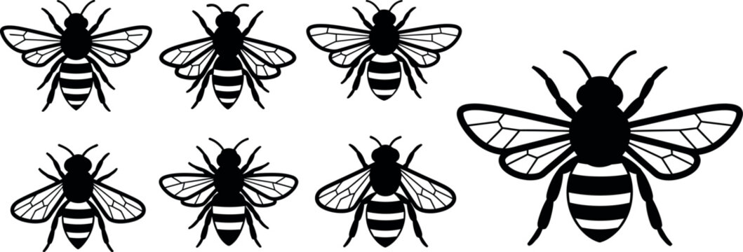 Multiple black bee silhouettes are arranged on a white background with one large bee.