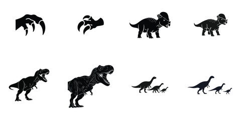 Obraz premium Set of Dinosaur Silhouettes and Claws Vector Illustration, Jurassic Creature Graphics