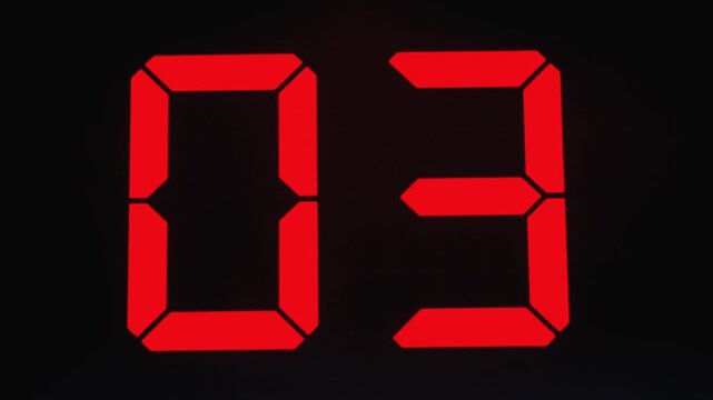Eelectronic number display on screen. Digital red numbers on screen. The numbers go from 7 to 1․ 