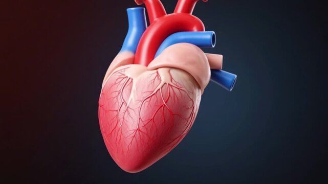 A detailed human heart model floats in a dark environment with visible veins