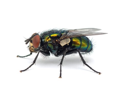 A side-view studio shot of a common fly, showcasing its iridescent body and large compound eyes against a plain white background