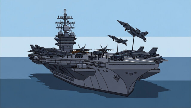 Vector CAD design of aircraft carrier with jets taking off