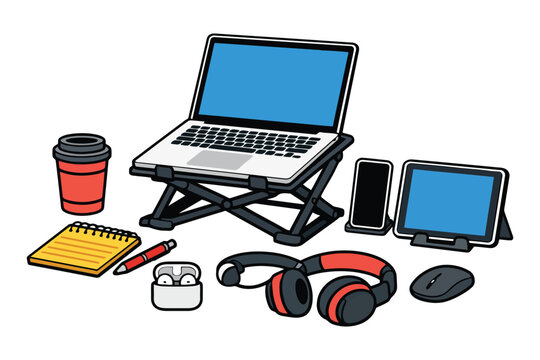 A collection of modern electronic devices and office supplies arranged on a white background surface