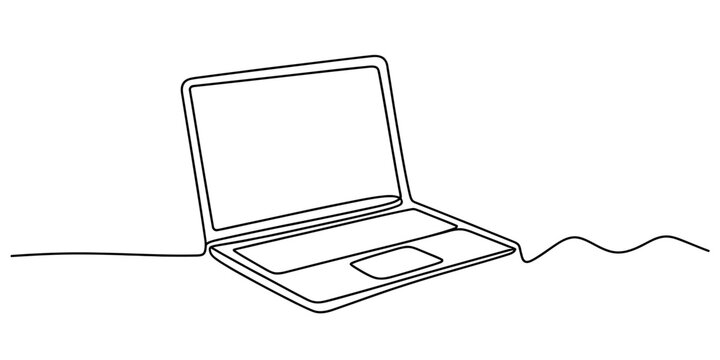 Minimalist continuous line drawing of a modern laptop computer on a plain white background area
