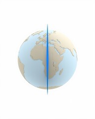 Naklejka premium Earth globe with a vertical blue line indicating a longitude meridian. isolated on white background