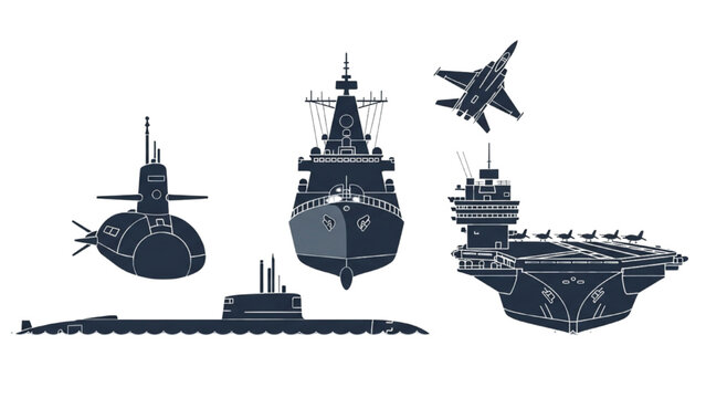 Vector CAD design of various naval vessels and aircraft on water