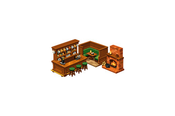 Naklejka premium Cozy isometric pub interior with a fireplace and bar area