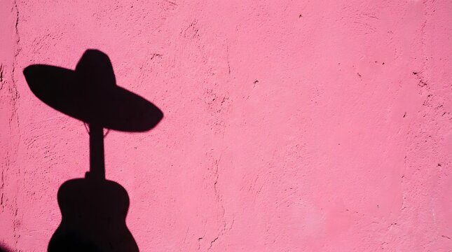 Shadow of an acoustic guitar and a Mexican sombrero on a pink textured wall.