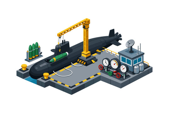 Submarine being loaded with torpedoes at a naval base with control tower