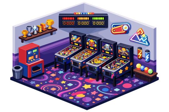 Retro arcade room with pinball machines and colorful carpet, isometric view