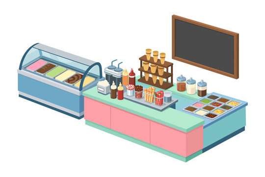 Isometric ice cream parlor counter with colorful flavors and toppings displayed