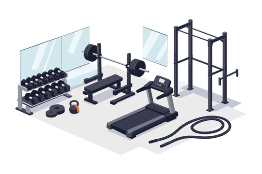 Isometric gym equipment including treadmill, weights, and pull-up bar