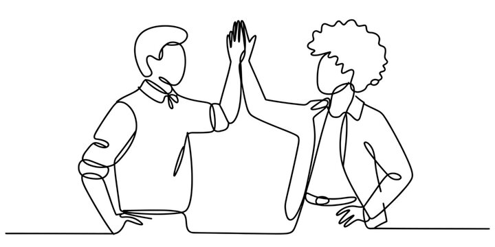Continuous line drawing of two diverse people giving a high five to celebrate a shared success.