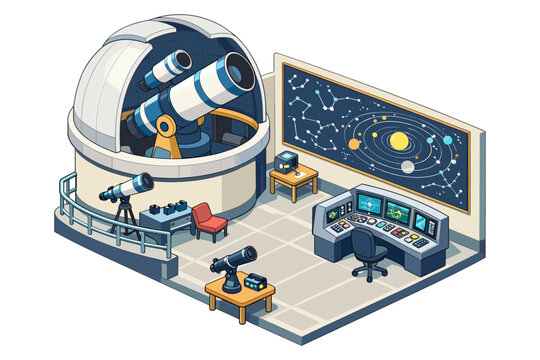 Observatory control room with telescopes and a solar system model on the wall