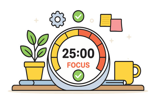 A colorful illustration of a pomodoro timer set to twenty five minutes for deep work sessions.