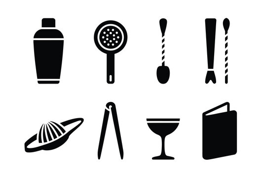 Cocktail icon silhouette bar tools and glasses for bartending drink preparation minimal design