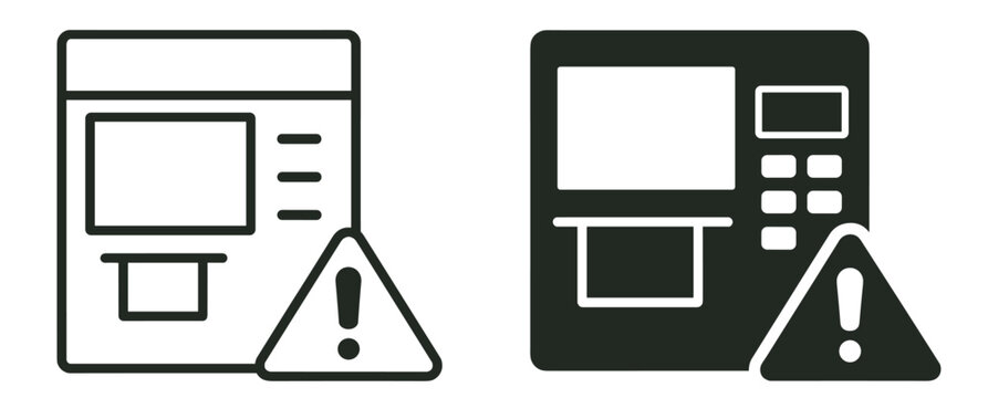 self service kiosk terminal with warning alert symbol and error notification vector icon set on transparent background