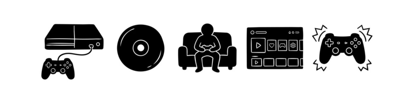 Set of black minimalist video game icons featuring a console, disc, gamer on a couch, user interface dashboard, and vibrating controller. Ideal for gaming app design and web graphics.
