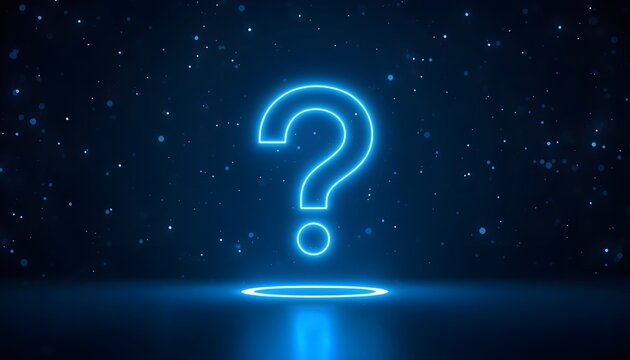 A glowing blue question mark hovers in a dark, starry night sky with a mysterious light beam