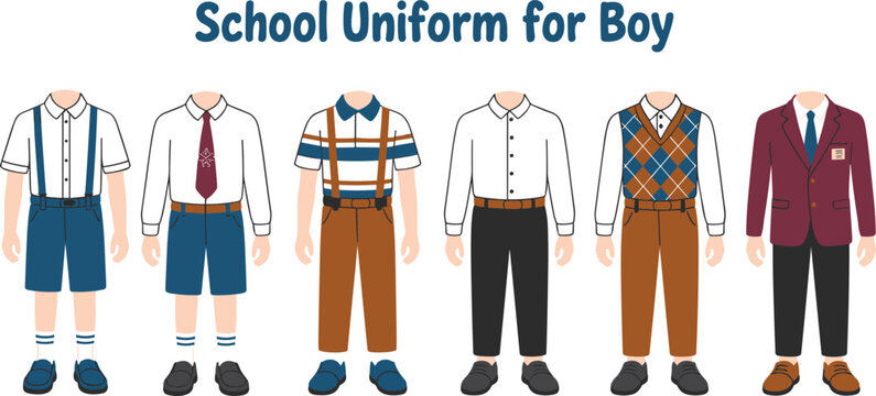 Set of boys' school uniform character illustrations featuring various formal and casual student outfits including blazers, sweaters, and shorts.