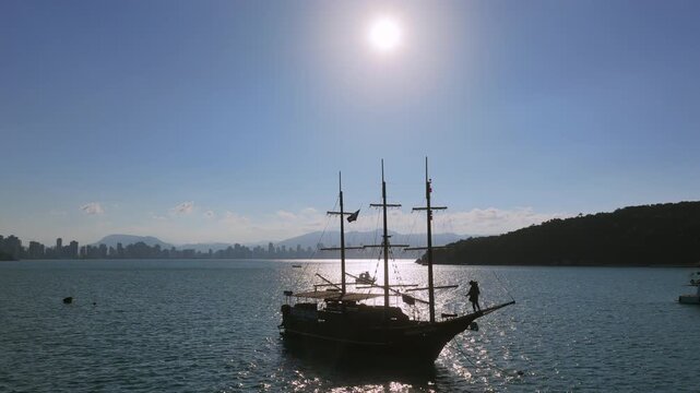 Drone view of Porto Belo sailing ship at sunset, Itapema and Meia Praia.