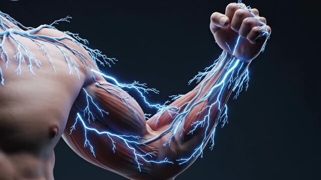 Human Arm Muscles with Electric Energy Flowing Through, Representing Strength and Power.