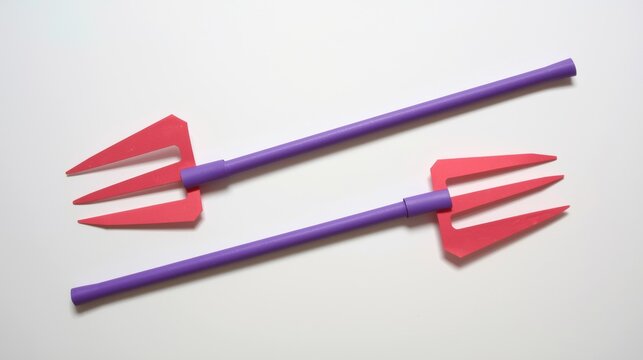 Two foam throwing stars with purple handles isolated on white background