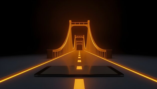A futuristic illuminated bridge stretches into the distance at night with a sleek road and vibrant yellow lights
