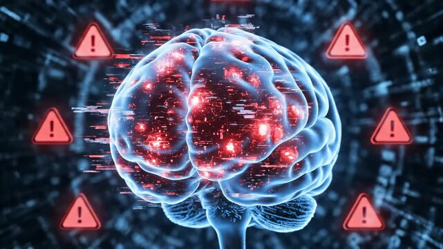 Human brain model with glowing red warning icons and data interference