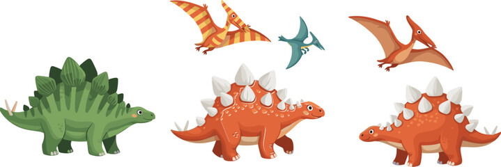 Cute Dinosaur Cartoon Character Set with Stegosaurus and Flying Pterodactyl in Different Poses for Kids Education Illustration Design © MdMonirul