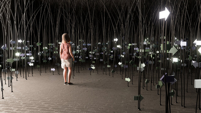 3d rendered abstract image of a woman encountering a surreal room full of arrows pointing in difference directions.