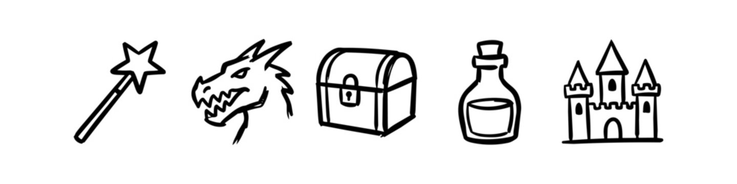 Set of hand-drawn fantasy icons featuring a magic wand, dragon head, treasure chest, potion bottle, and a castle. Minimalist black ink sketches on a white background.